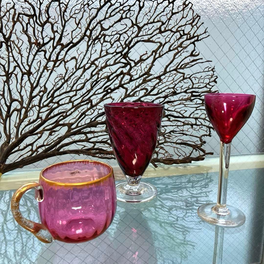 骨董　時代　希少金赤ガラス　モールガラス調　流線型　アイスコップ　ウラン③