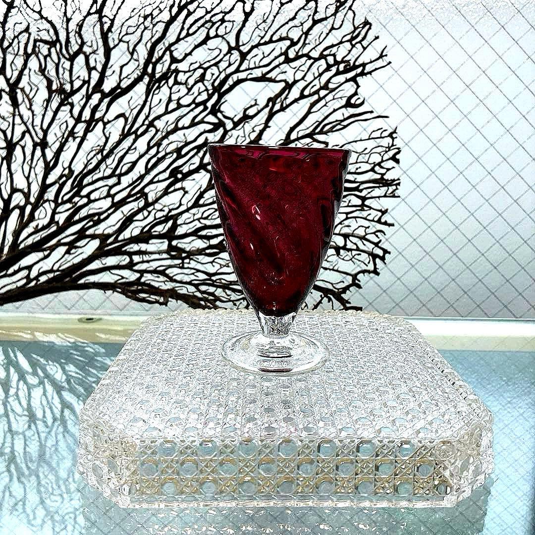 骨董　時代　希少金赤ガラス　モールガラス調　流線型　アイスコップ　ウラン③