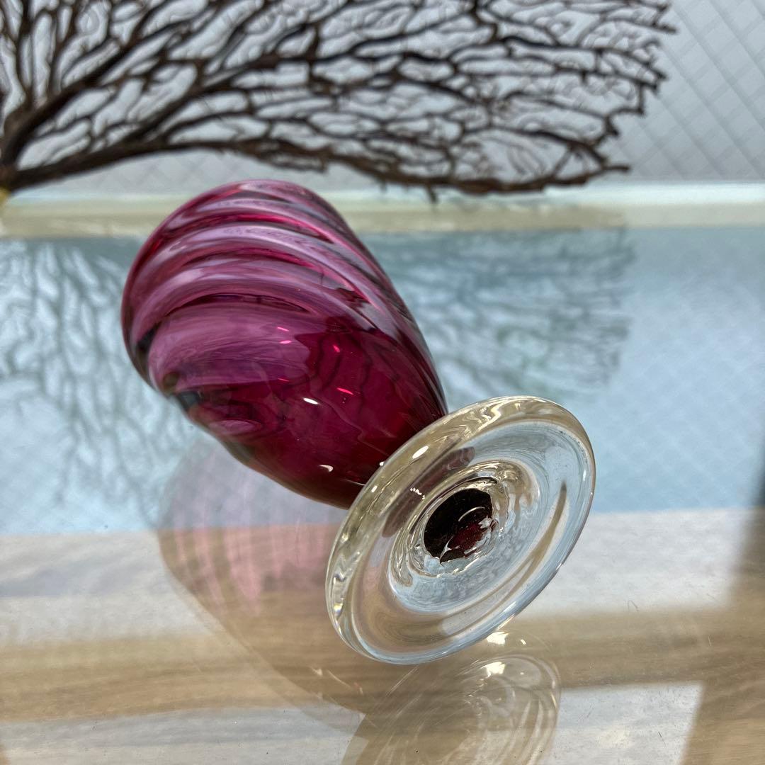 骨董　時代　希少金赤ガラス　モールガラス調　流線型　アイスコップ　ウラン③