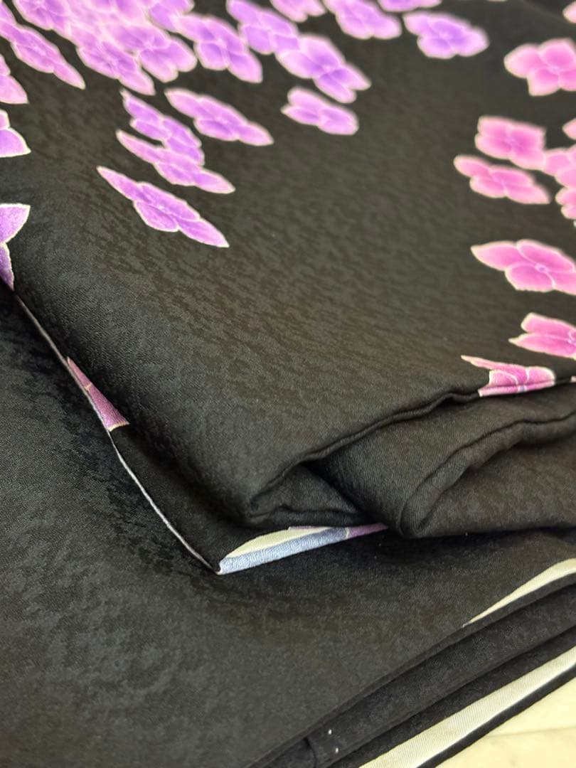 振袖 袷 紫陽花 桜 金糸 ブラック パールトーン加工済