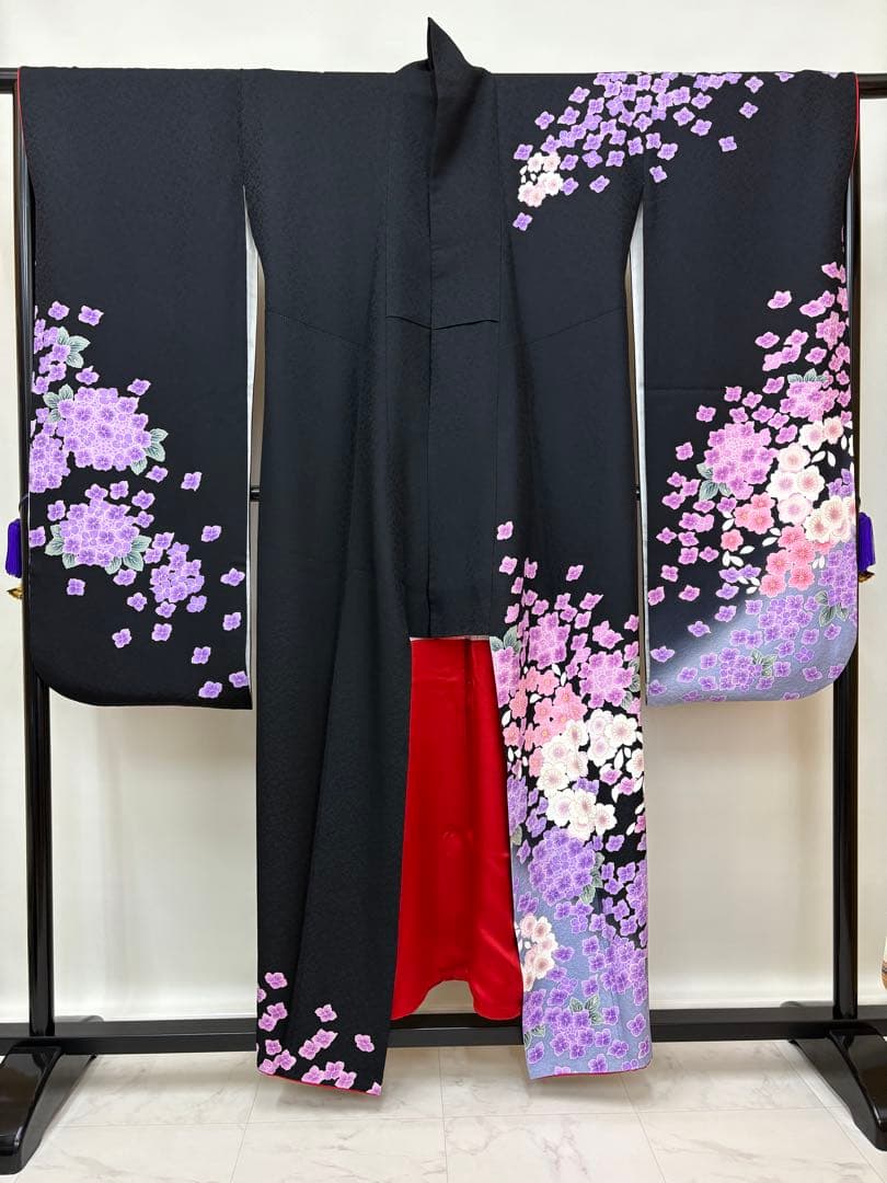 振袖 袷 紫陽花 桜 金糸 ブラック パールトーン加工済