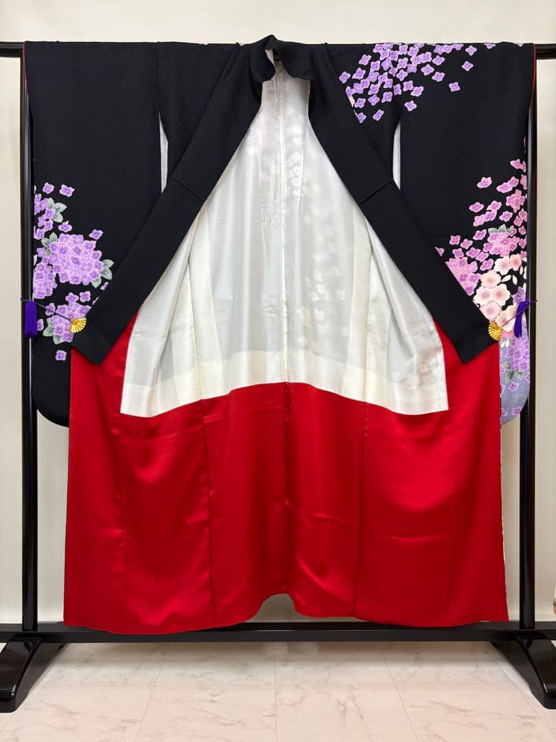 振袖 袷 紫陽花 桜 金糸 ブラック パールトーン加工済