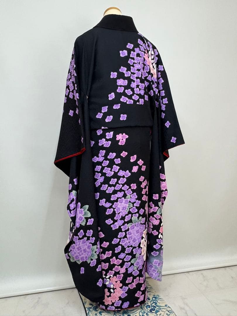 振袖 袷 紫陽花 桜 金糸 ブラック パールトーン加工済