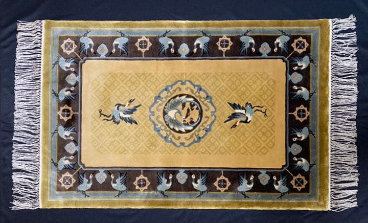 シルク段通　940✖️610㎜　中国　昭和　鶴