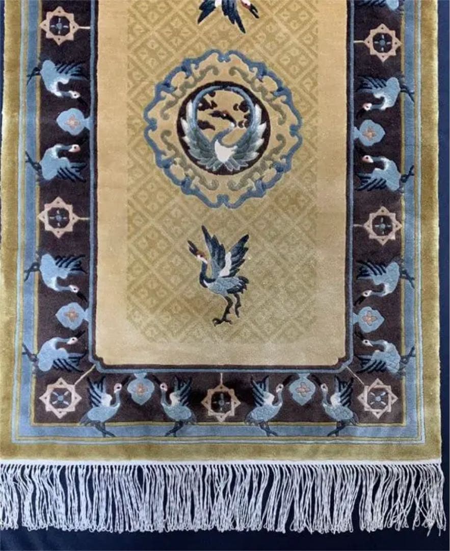 シルク段通　940✖️610㎜　中国　昭和　鶴