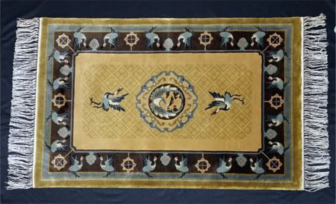 シルク段通　940✖️610㎜　中国　昭和　鶴