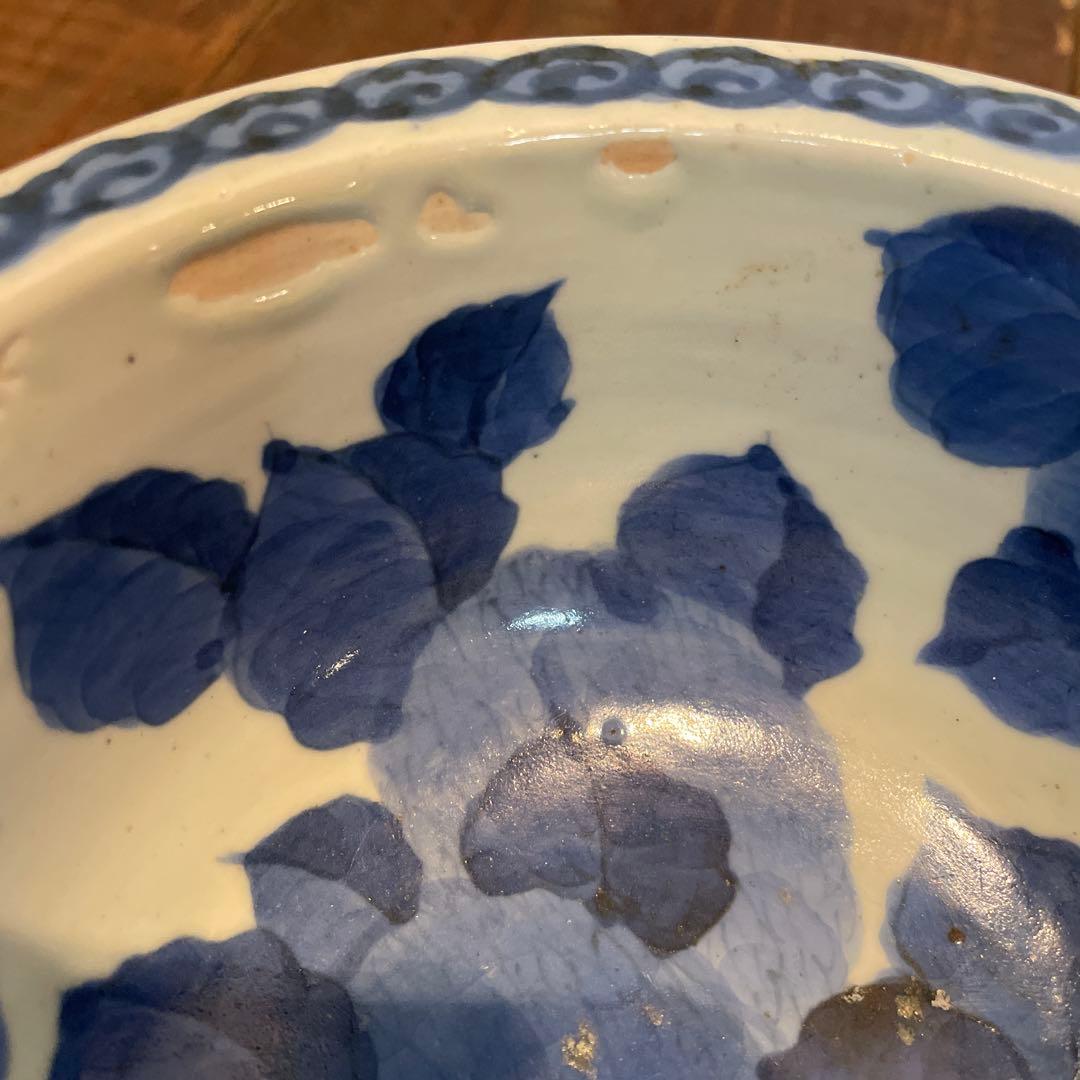 美品　古伊万里　染付の器　江戸時代　肥前　磁器　高杯　金継ぎ　染付の絵柄が上品な