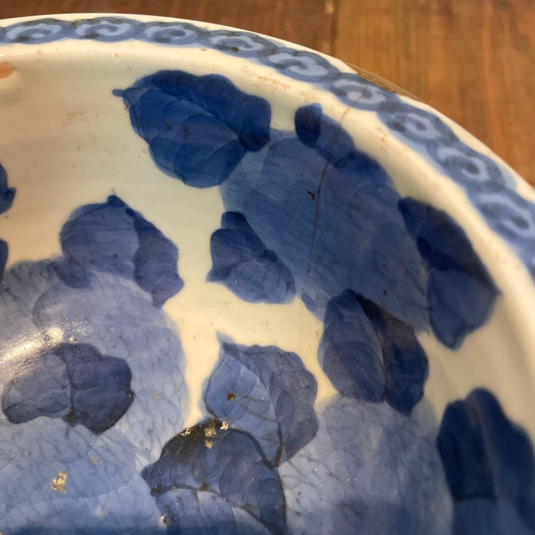 美品　古伊万里　染付の器　江戸時代　肥前　磁器　高杯　金継ぎ　染付の絵柄が上品な