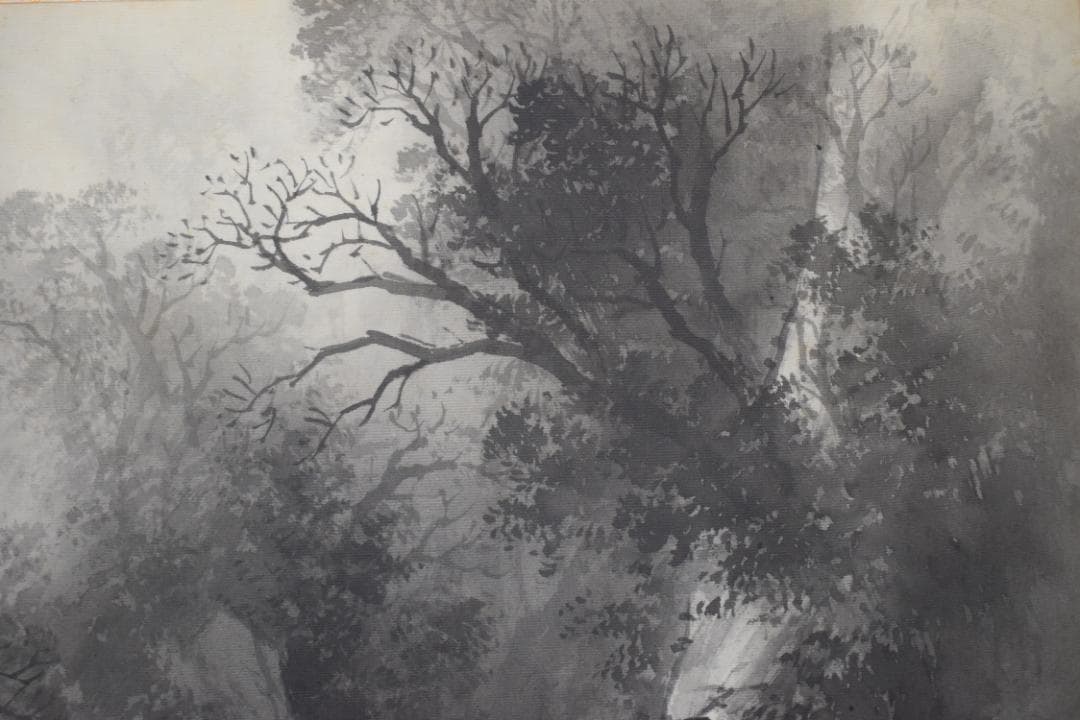 【真作】吉井春堂/滝山水図/横物/水墨山水図/掛軸☆宝船☆Z-156