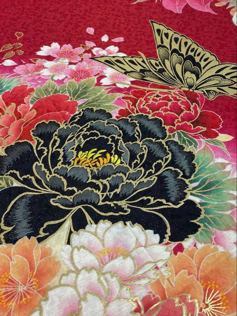 振袖 仮絵羽 京友禅 浅田真央 刺繍 金彩 牡丹 薔薇 正絹 未仕立て品 八掛付