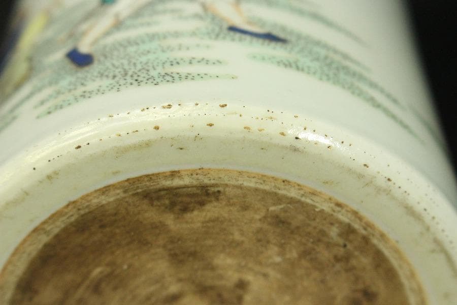 中国美術 粉彩 色絵 人物蝙蝠紋 筆筒 文房四宝 高12.5cm(KY01)