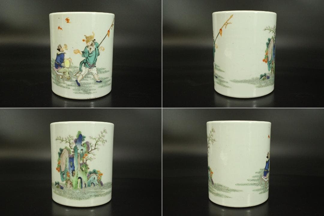 中国美術 粉彩 色絵 人物蝙蝠紋 筆筒 文房四宝 高12.5cm(KY01)