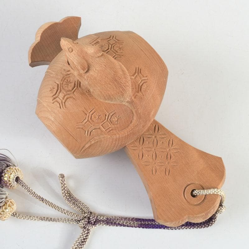 井波彫刻　紅雲作　木彫　鼠と小槌　干支　置物　共箱　C　9418