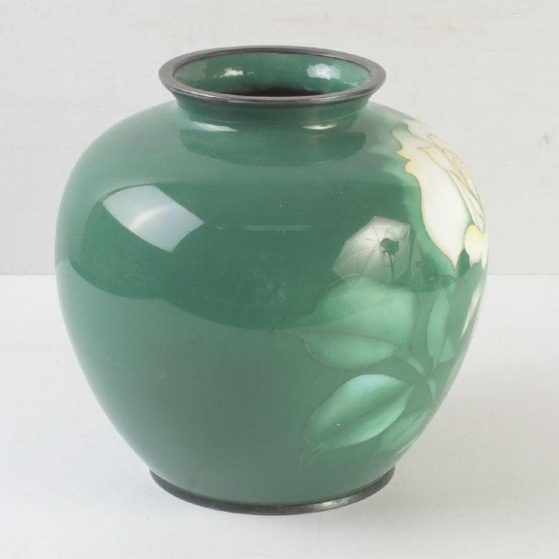 七宝焼　安藤七宝店　純銀刻印　緑釉　花文　花瓶　V　9659