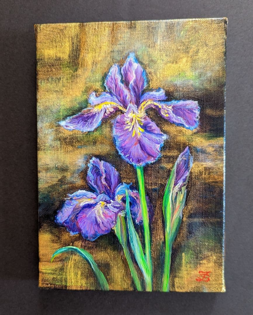 油絵絵画「あやめ」油絵　サムホールキャンバス　画家出品　花絵画【額なし】風景画