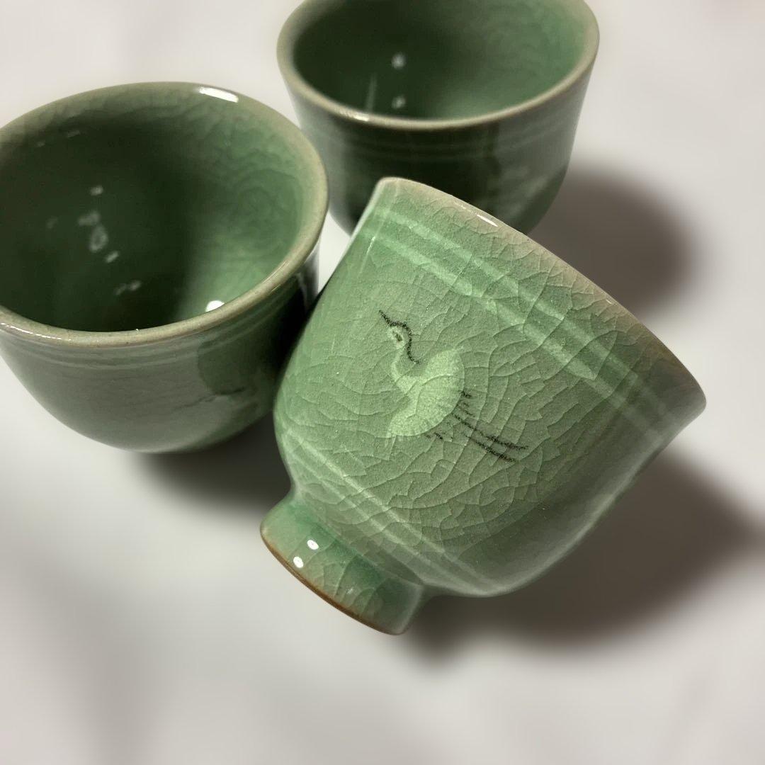 お猪口　高麗青磁 盃 3客 飛鶴文 貫入 韓国人間文化財 申相浩 器　和