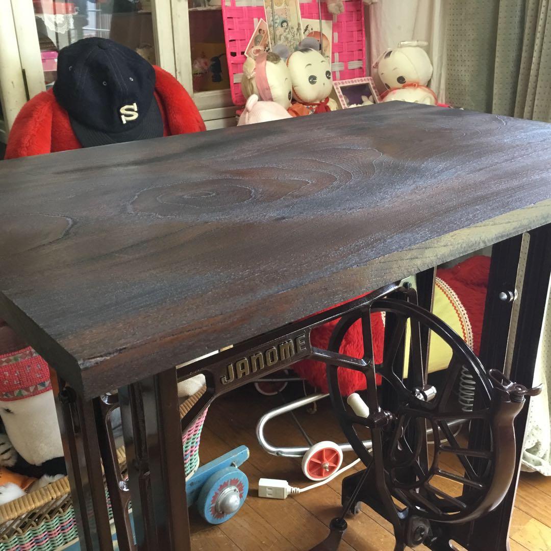 ※アンティーク※ JANOME足踏みミシン脚のテーブル　ケヤキ天板　アイアン