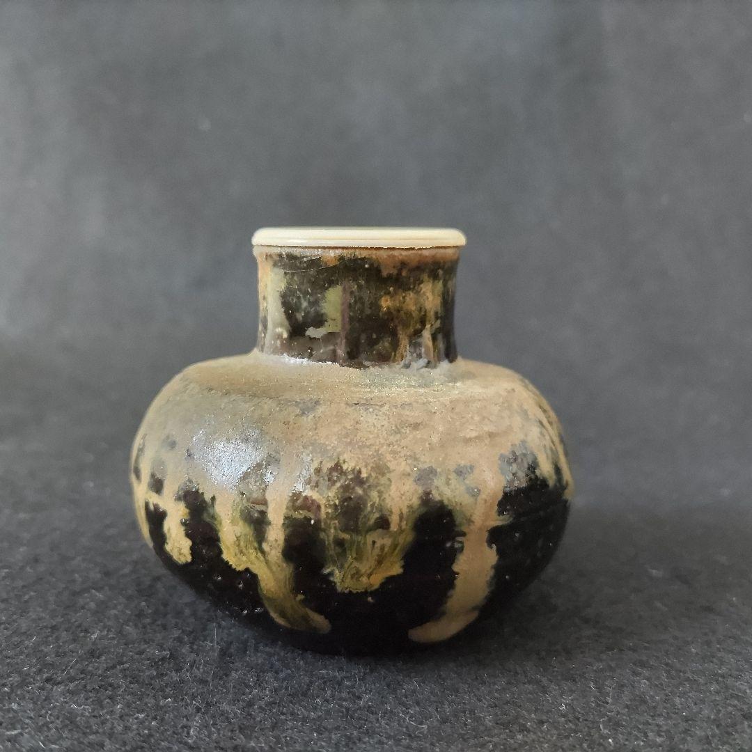 森陶岳　黒備前丸壺茶入　仕服:藤種緞子　茶道具　中古品