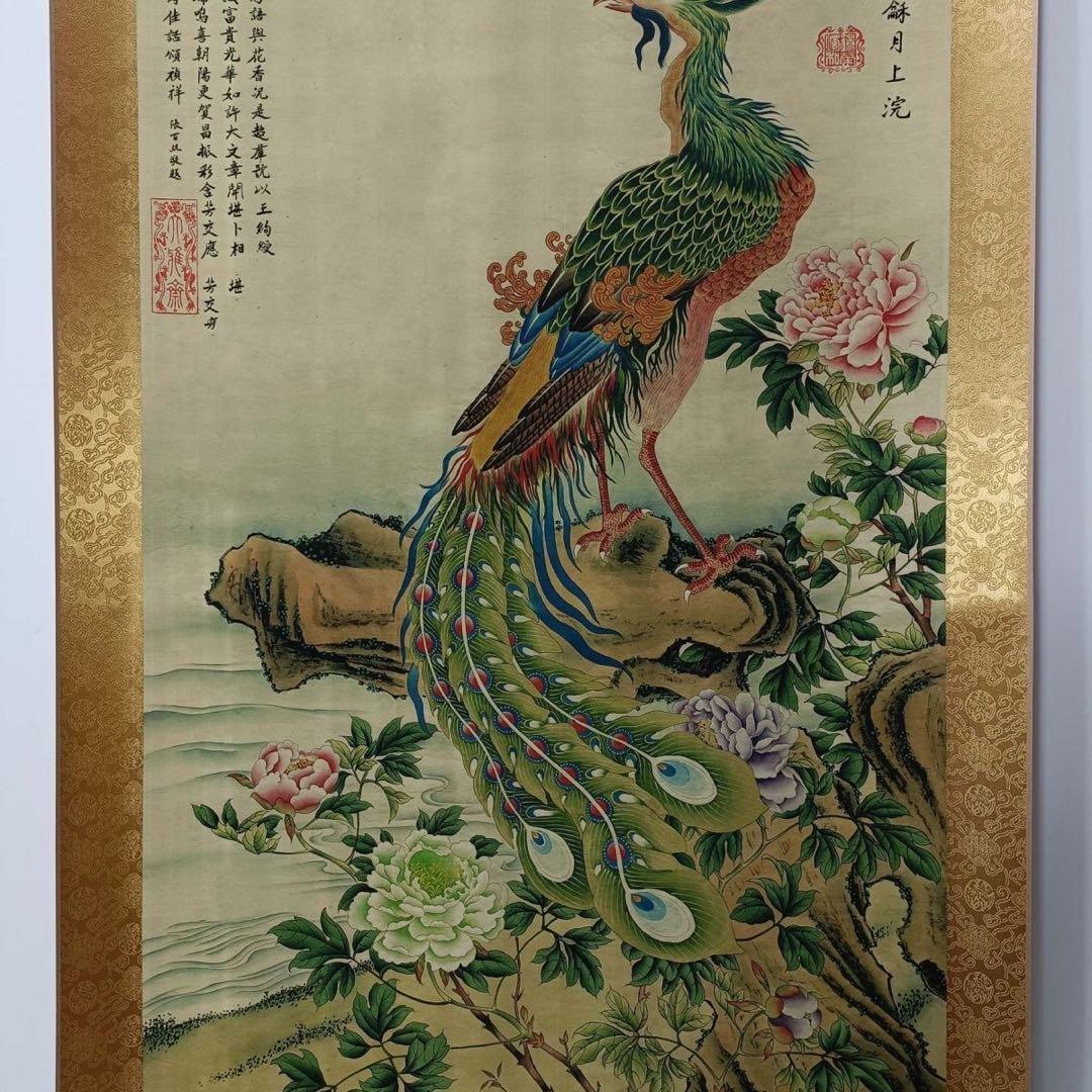 【防偽標識付】丹鳳朝陽 三尺中堂掛軸 絹本装裱 大幅 約77×175cm