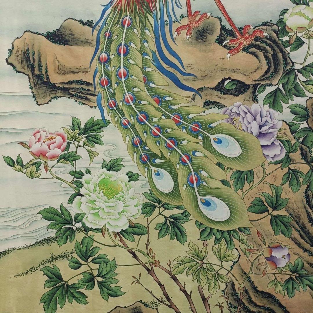 【防偽標識付】丹鳳朝陽 三尺中堂掛軸 絹本装裱 大幅 約77×175cm