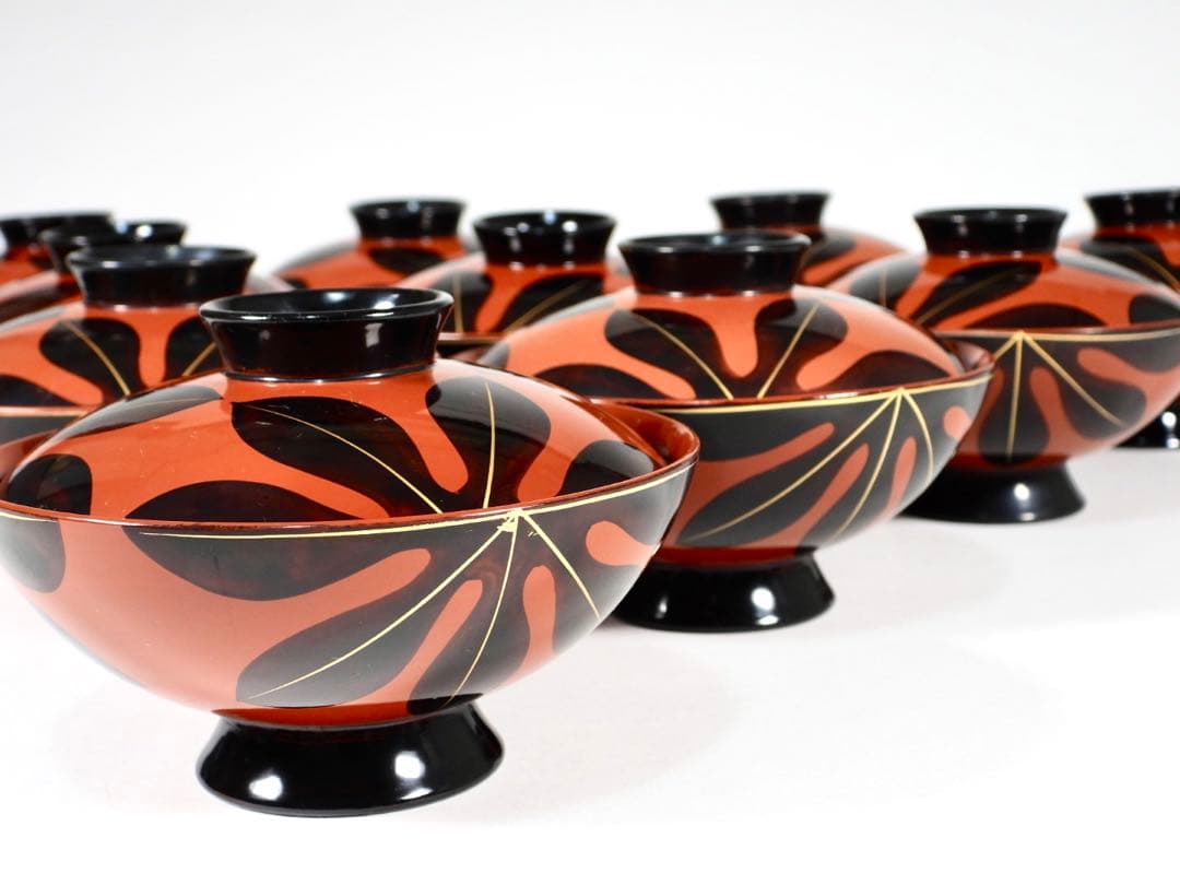 輪島塗 木製漆器 沈金 葉 蓋椀 吸物椀 汁椀 10客