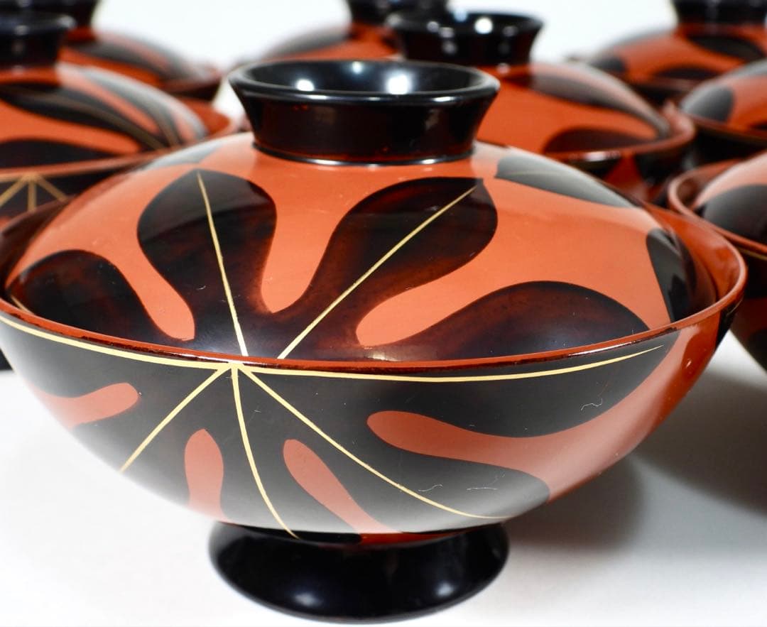 輪島塗 木製漆器 沈金 葉 蓋椀 吸物椀 汁椀 10客