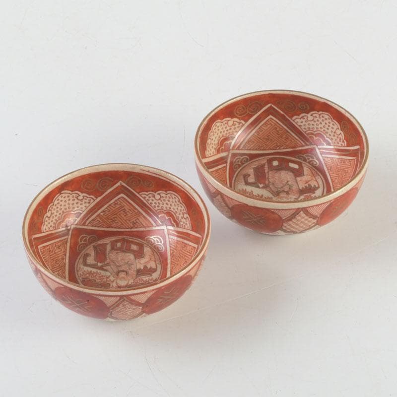 九谷焼　古九谷　角福銘　赤絵金彩　人物文　盃　一對　共箱　V　9544