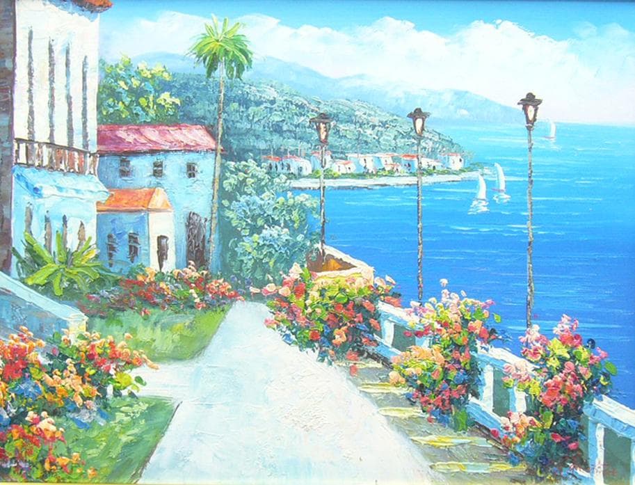 絵画 油絵 肉筆油絵 風景画 白壁の道