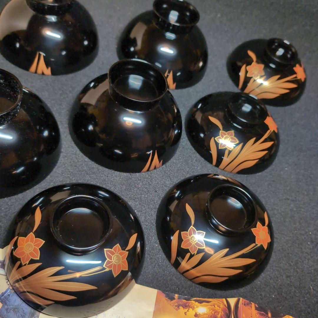 【越前塗】御吸物碗　錦寿　高仙才丸　水仙文様　天然木　高級漆器　黒地に蒔絵