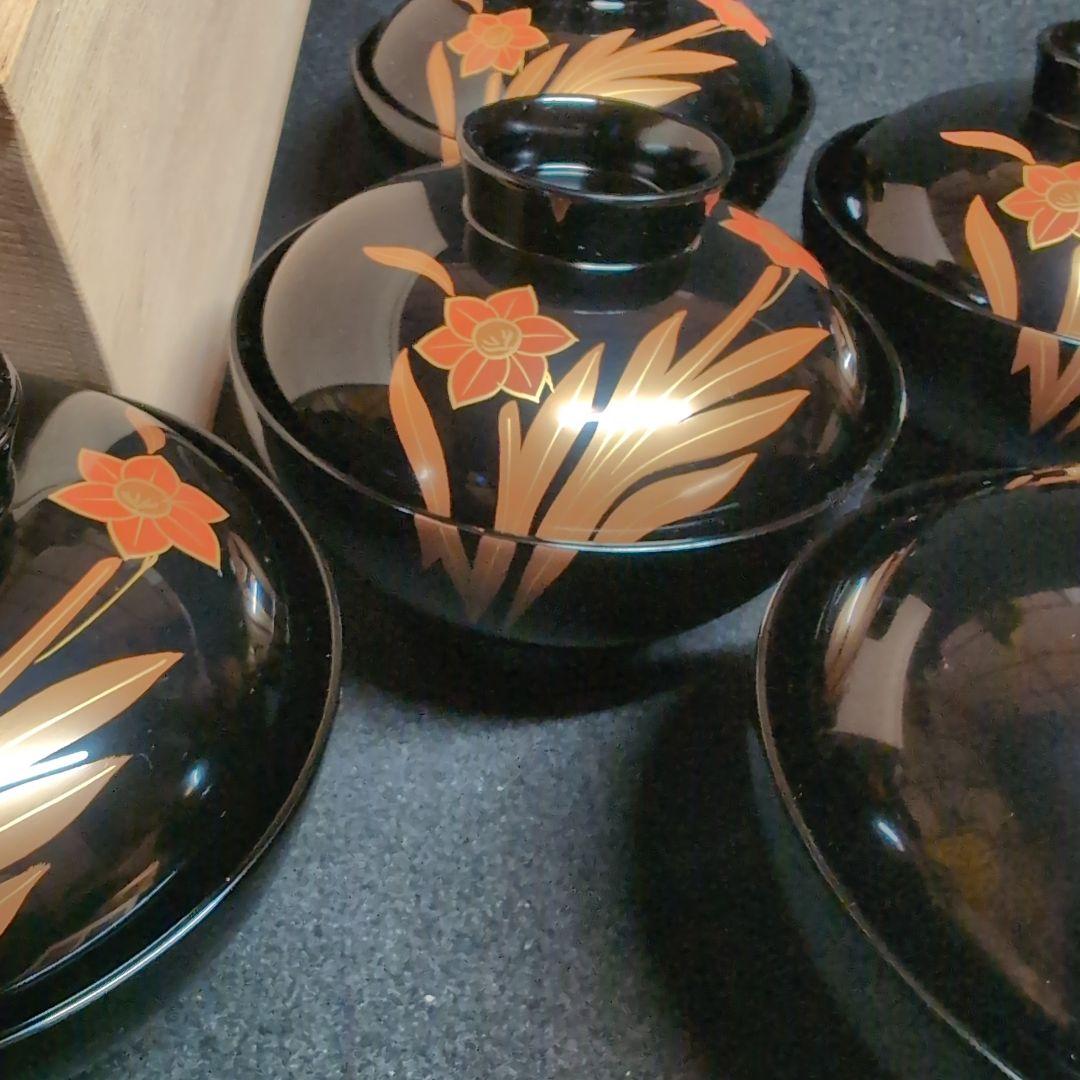 【越前塗】御吸物碗　錦寿　高仙才丸　水仙文様　天然木　高級漆器　黒地に蒔絵