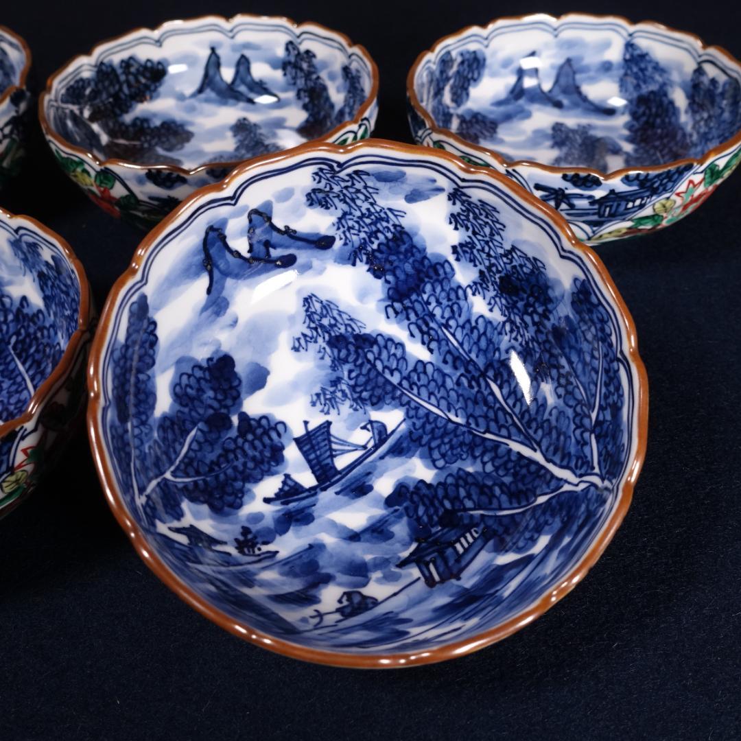 京焼名工 馬場京泉 染付色絵 柘榴に山水風景文 向付 5客