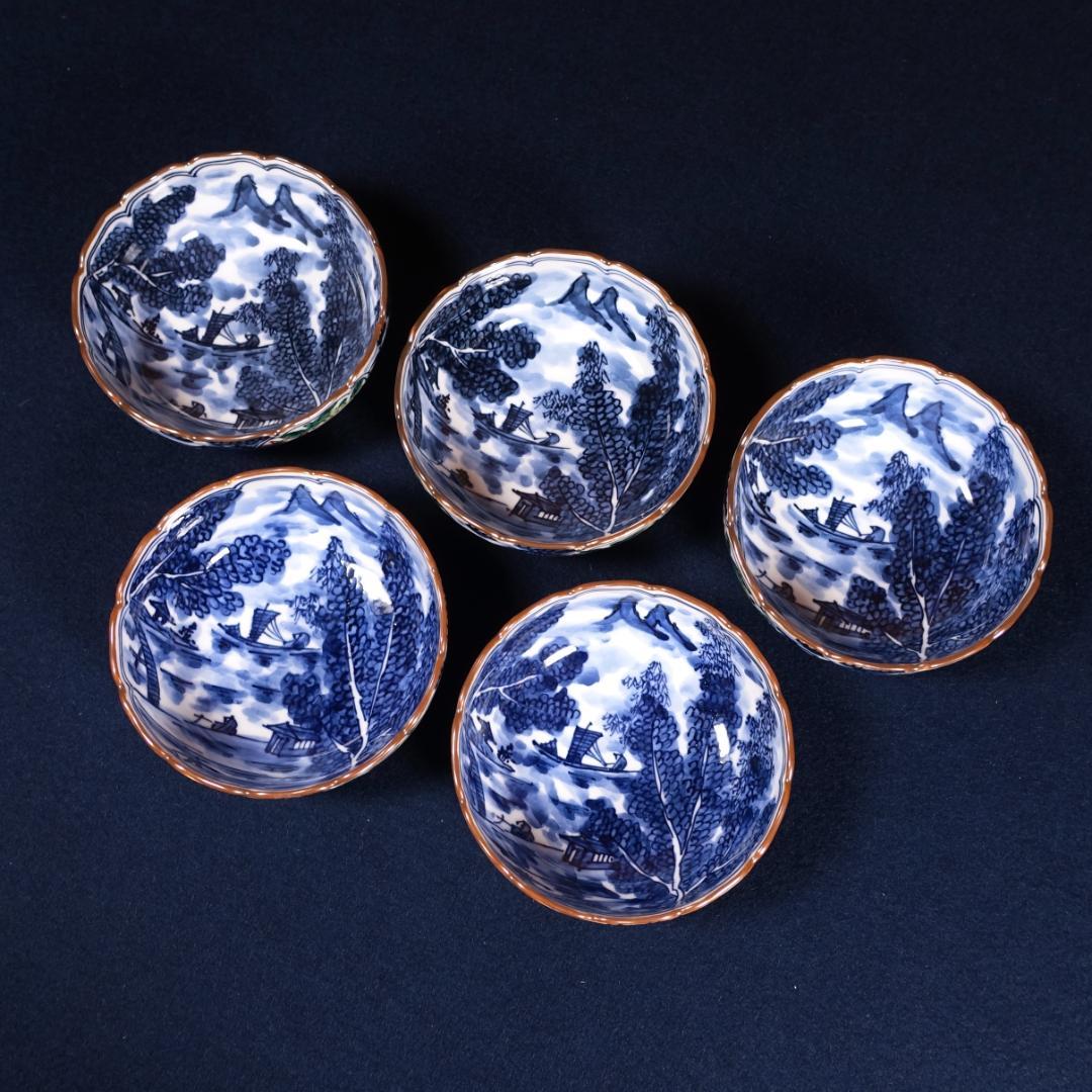 京焼名工 馬場京泉 染付色絵 柘榴に山水風景文 向付 5客