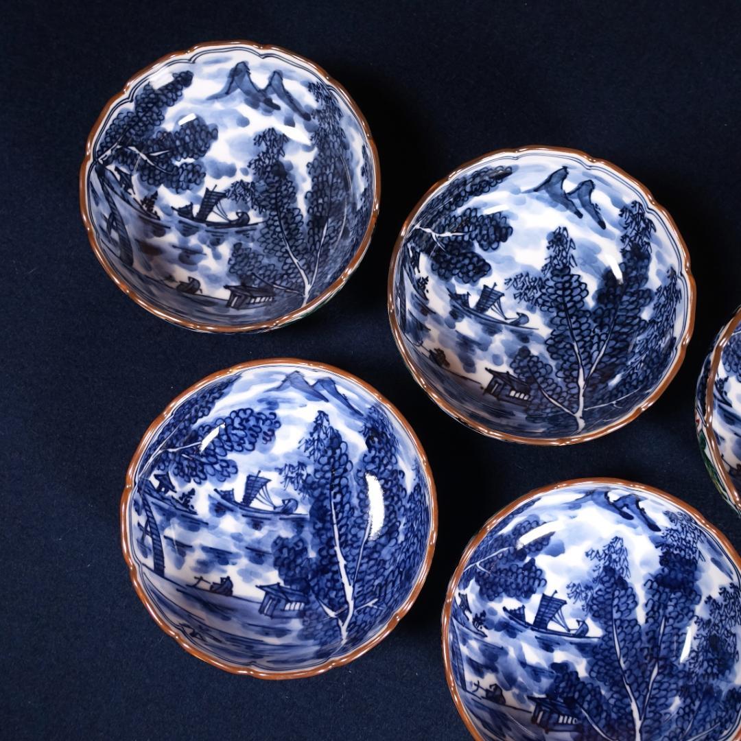 京焼名工 馬場京泉 染付色絵 柘榴に山水風景文 向付 5客