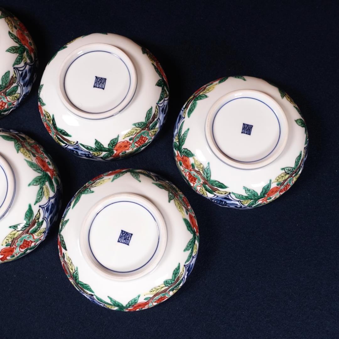 京焼名工 馬場京泉 染付色絵 柘榴に山水風景文 向付 5客