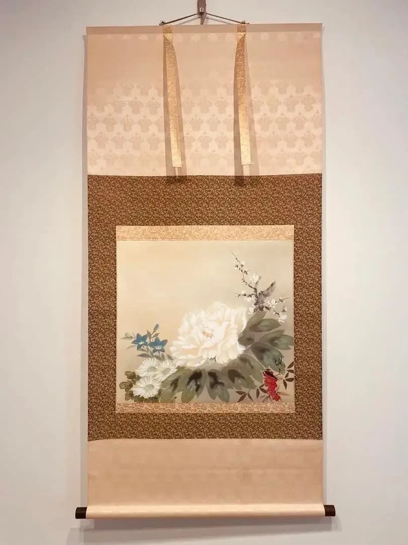1199 精志 「四季花」 共箱 肉筆 絹本 日本画 掛軸