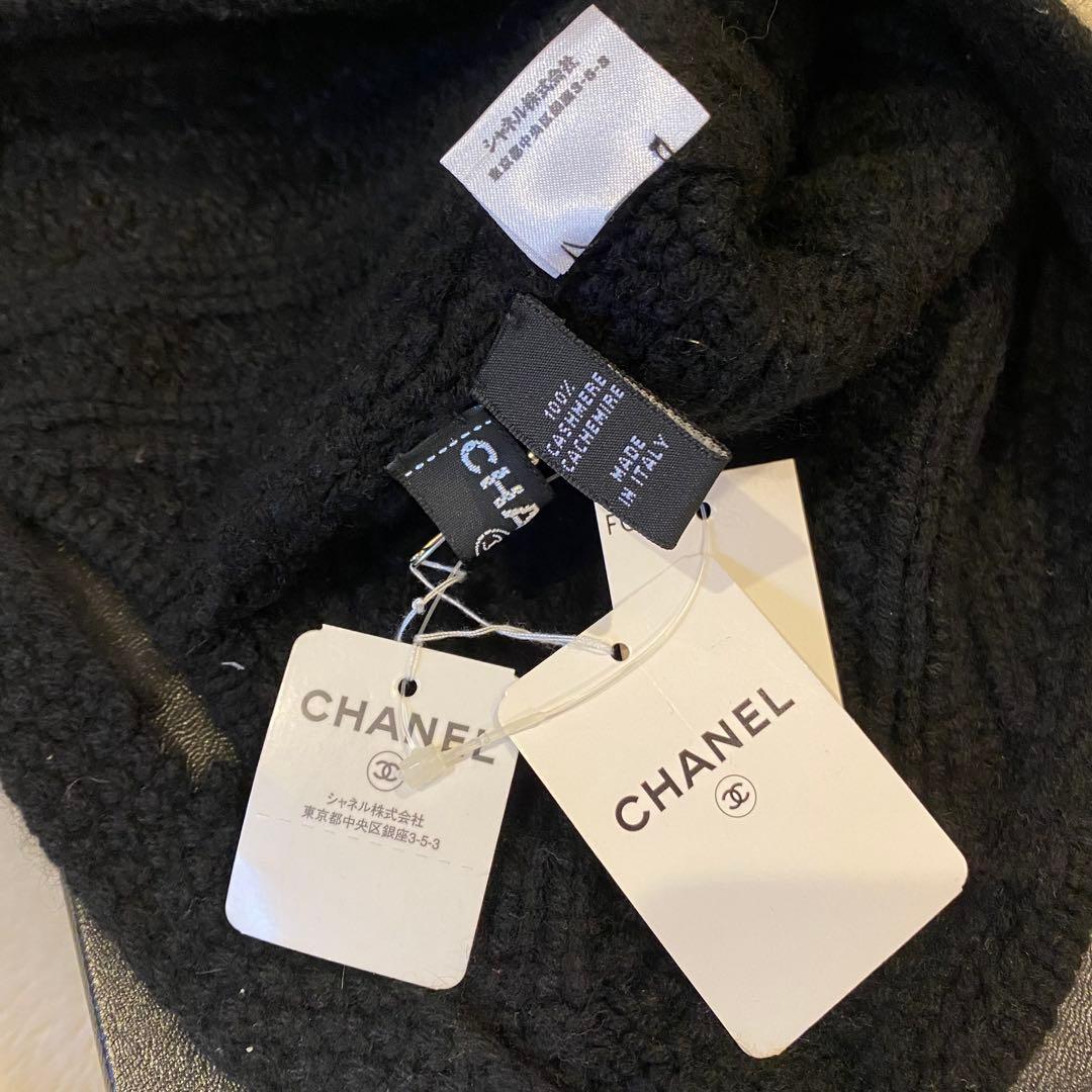 CHANEL 黒 ニット帽 ボタン ビーニー キャップ ビジュー ラインストーン