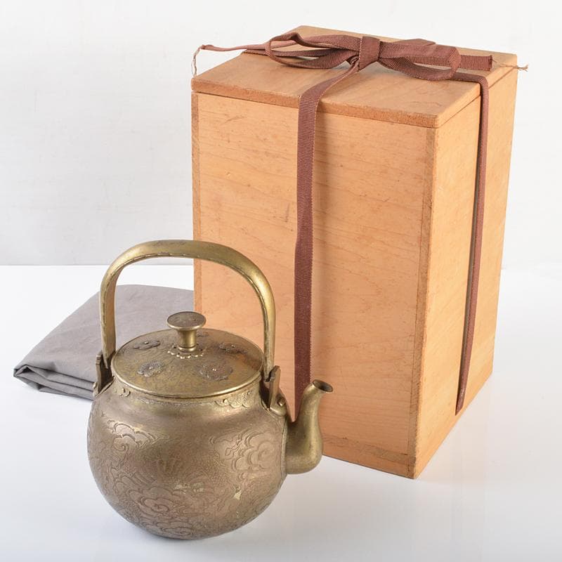煎茶道具　黄銅　いぶし銀　彫金雲龍刻　湯沸し　薬缶　時代箱付　H　R6180B