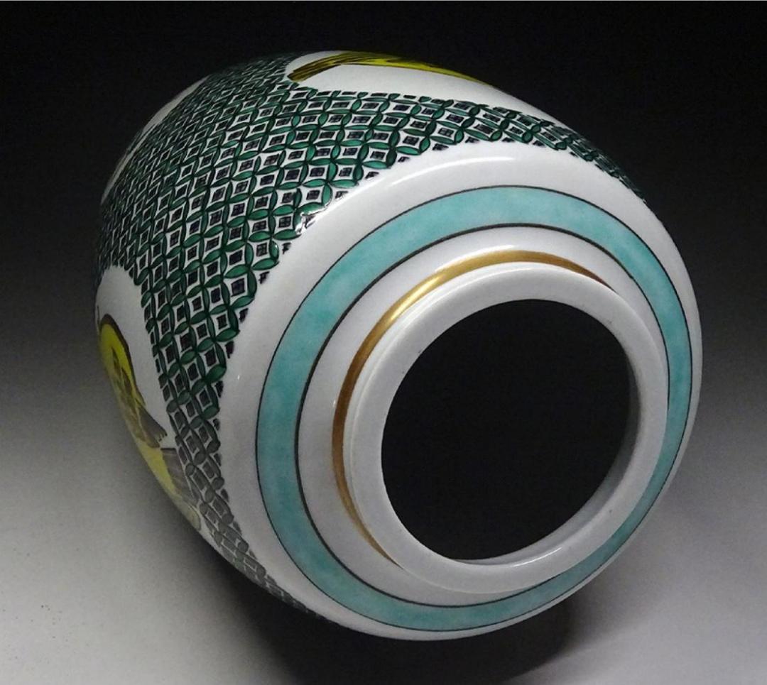 九谷焼 藤井尚行 造 小紋 青九谷 花瓶 壺 竹雀紋 高約26.5cm 共箱付