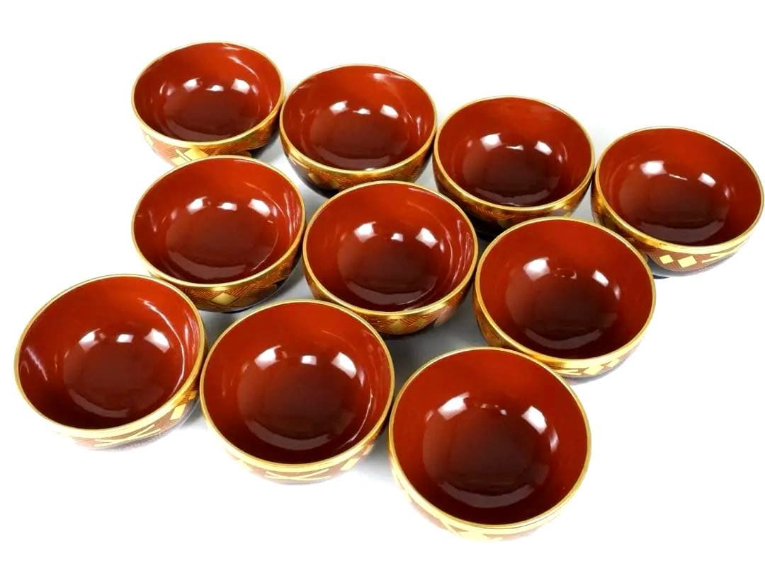 南部漆器 老舗光原社 秀衡塗 木製 金箔色漆　菱に梅文様　蓋碗十客　茶道具