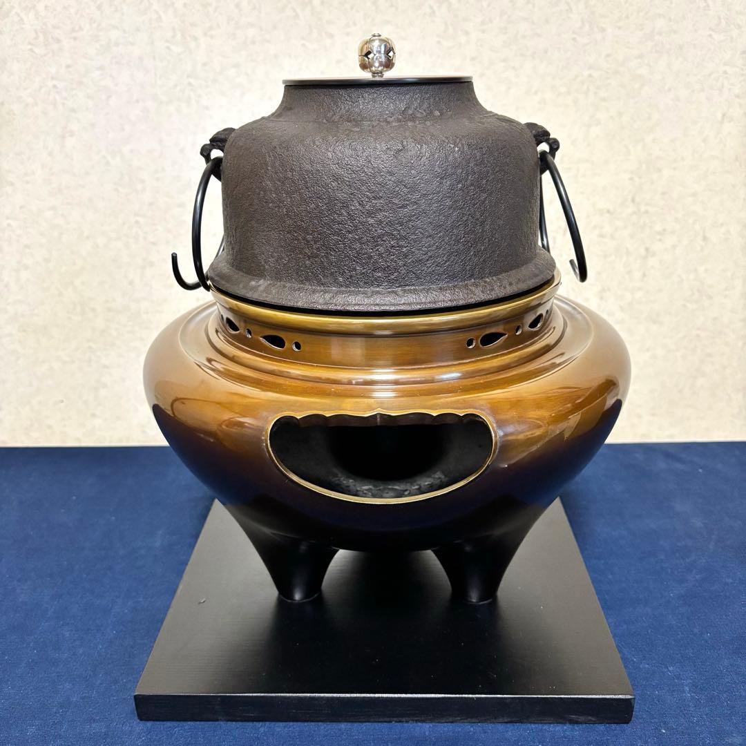 銀摘み 風炉 茶釜 電熱器 唐銅朝鮮風炉釜 野々田製電熱器 敷板 茶道具