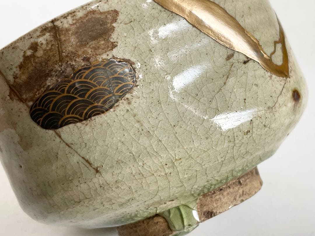 骨董　アンティーク　黄瀬戸　茶碗　金継ぎ　御深井焼　共箱　銘雨後