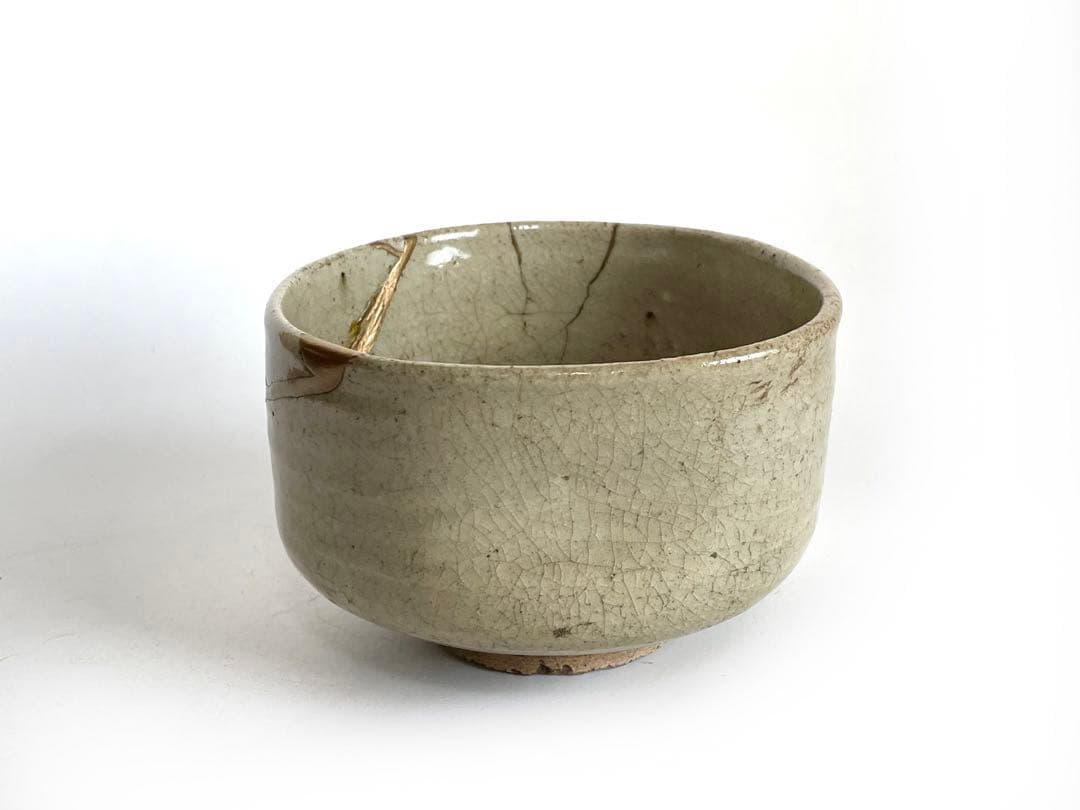 骨董　アンティーク　黄瀬戸　茶碗　金継ぎ　御深井焼　共箱　銘雨後