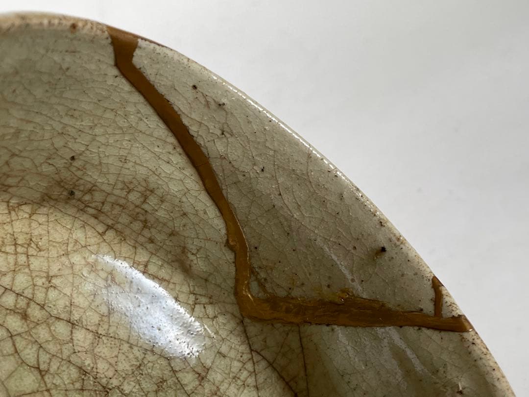 骨董　アンティーク　黄瀬戸　茶碗　金継ぎ　御深井焼　共箱　銘雨後