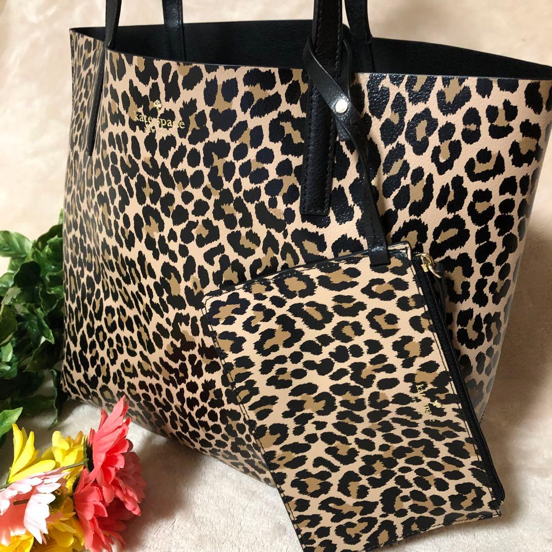 極美品　ケイトスペード　トートバッグ　リバーシブル　ポーチ付き　レオパード柄　黒