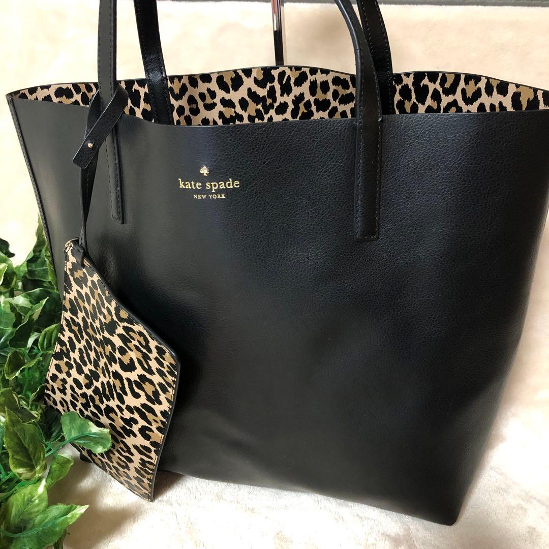 極美品　ケイトスペード　トートバッグ　リバーシブル　ポーチ付き　レオパード柄　黒