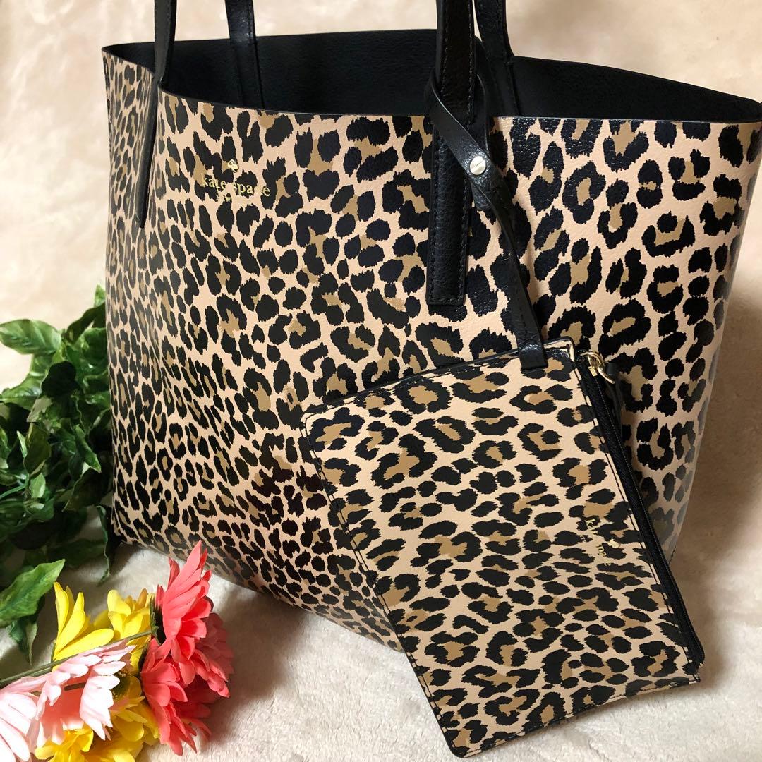 極美品　ケイトスペード　トートバッグ　リバーシブル　ポーチ付き　レオパード柄　黒