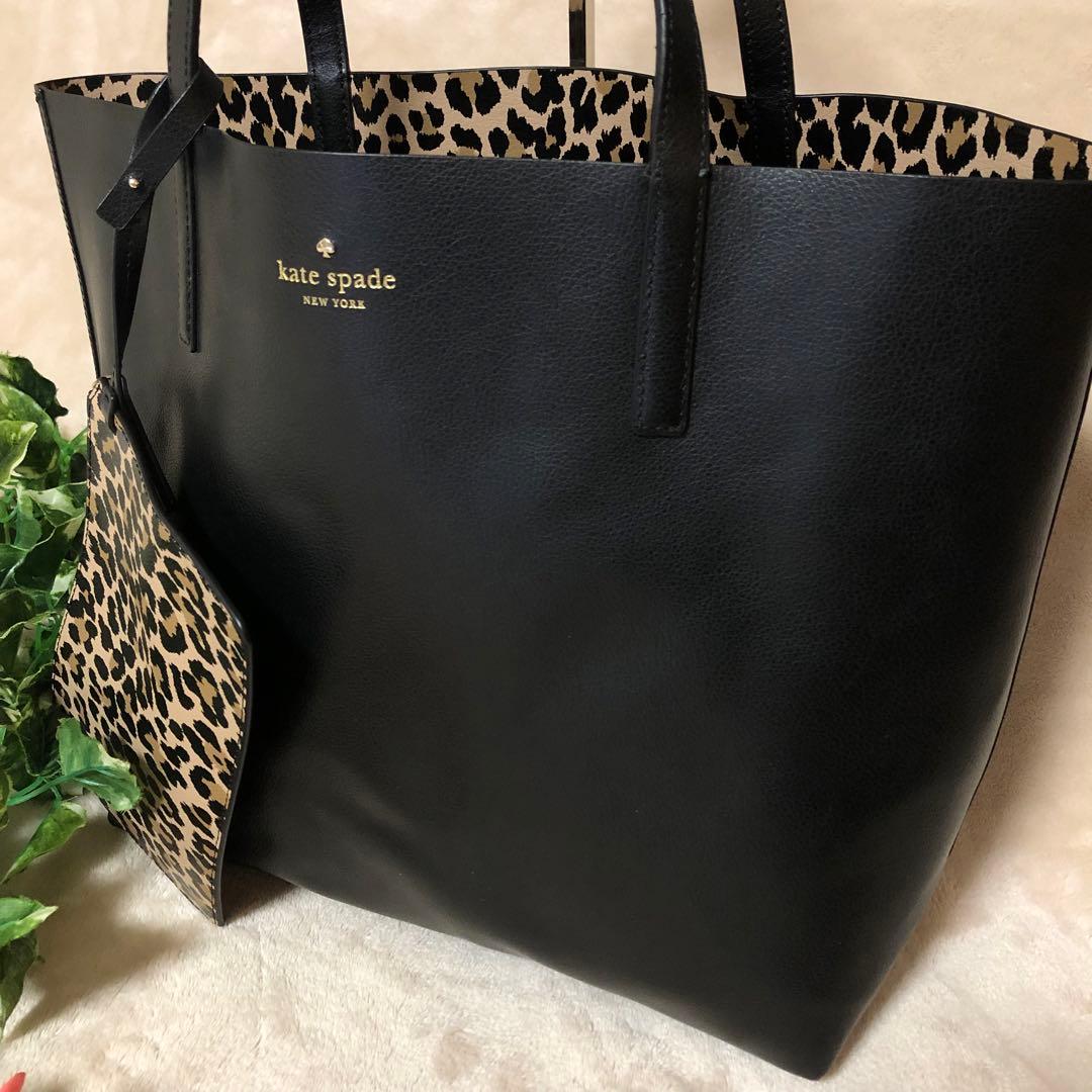極美品　ケイトスペード　トートバッグ　リバーシブル　ポーチ付き　レオパード柄　黒