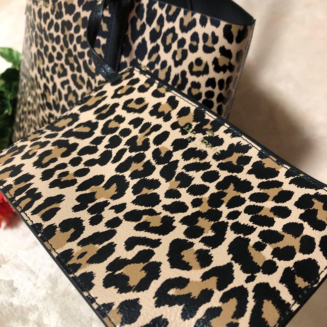 極美品　ケイトスペード　トートバッグ　リバーシブル　ポーチ付き　レオパード柄　黒