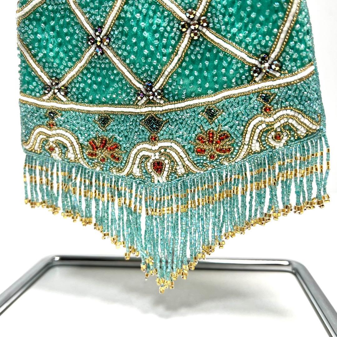 【美品】ビーズ装飾・フリンジ/がま口/ラインストーン/ ビーズバッグ