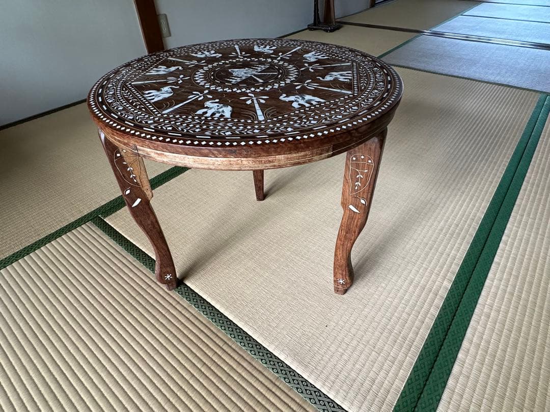 インド製 インディアンローズウッド無垢材 象嵌細工 サイドテーブル 3本脚